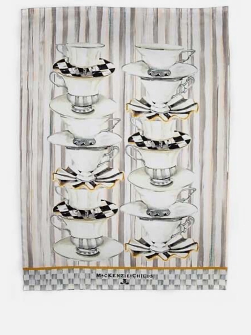 MacKenzie-Childs Tea Cups Silver Check Dish Towel